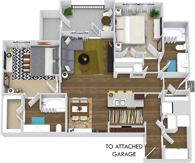 Floor plan for 2 beds, 2 baths, 1000 sqft